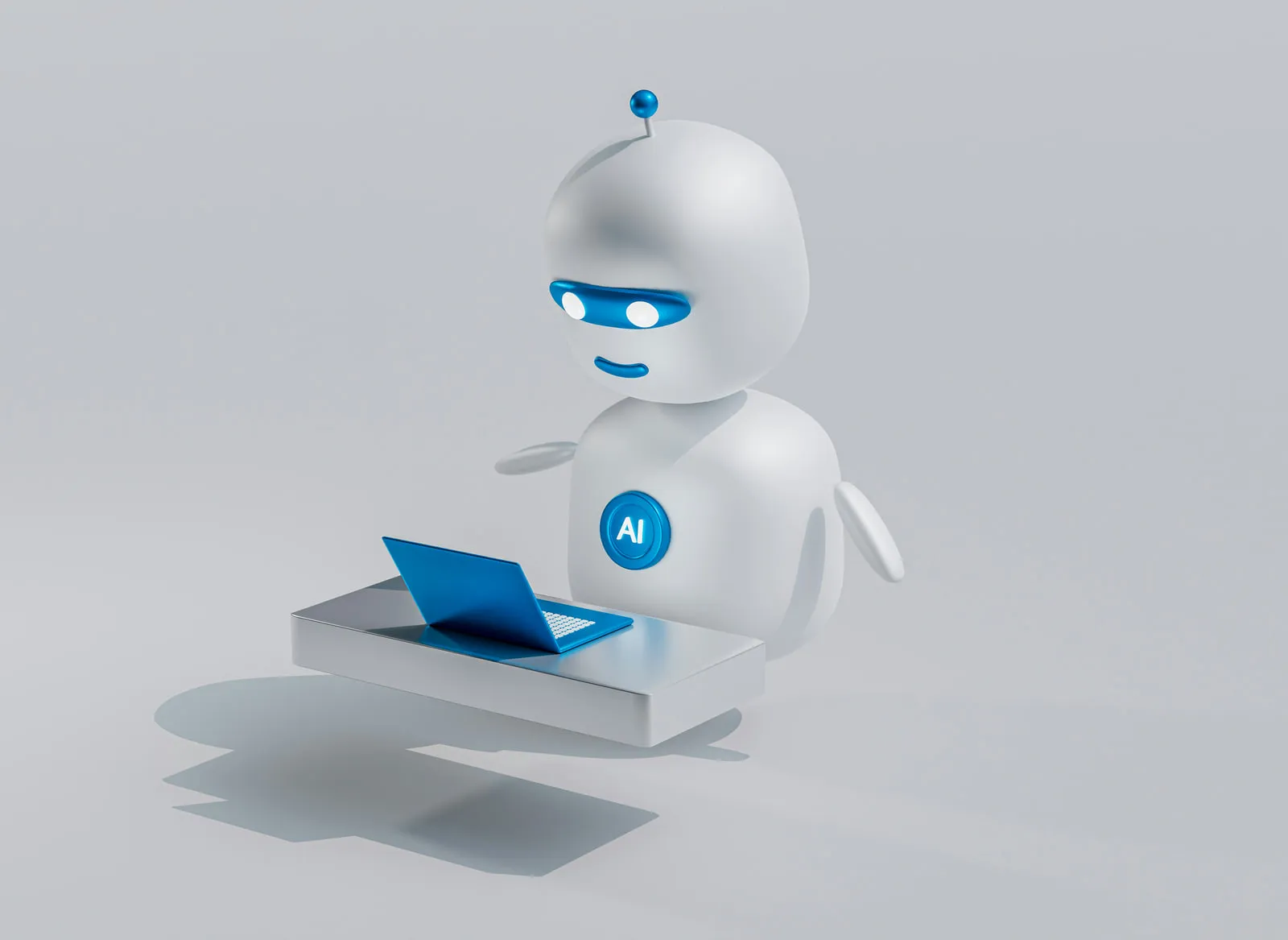 A 3D-rendered white robot with an AI badge working at a laptop, illustrating the EU AI Act Article 50 chatbot disclosure obligation.