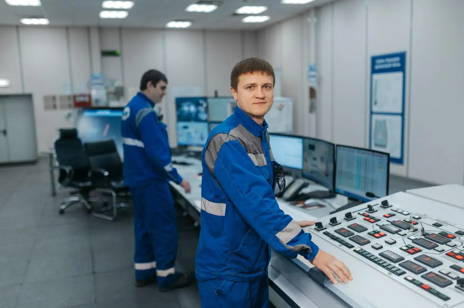 Two technicians in blue coveralls at an industrial control-room console, one facing banks of process monitors and the other standing at a panel of illuminated switches.